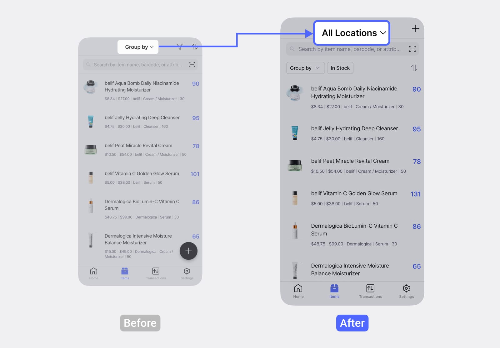 BoxHero Items List: 'Group by' dropdown replaced with 'All Locations' dropdown — Before/After comparison