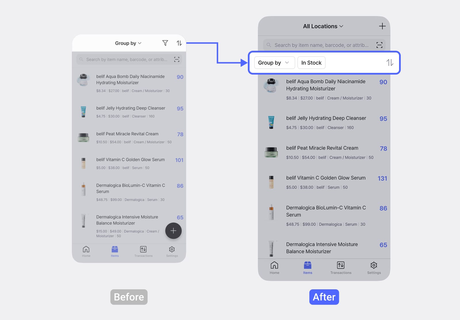 BoxHero Items List: 'Group by' and 'In Stock' buttons moved below search bar — Before/After comparison