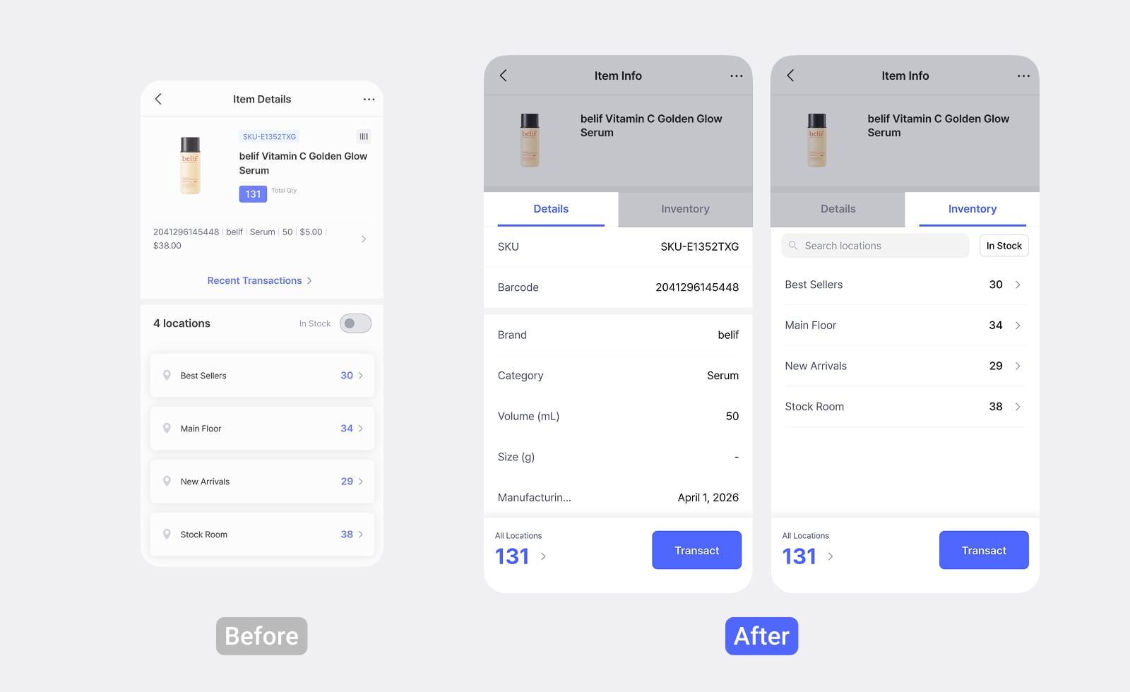 BoxHero Item Information: Single scroll layout replaced with 'Details / Inventory' tab structure — Before/After comparison