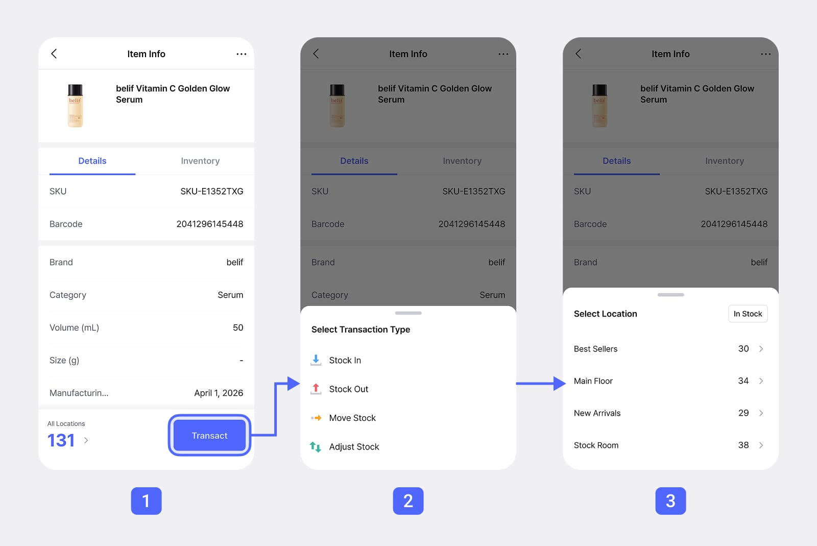 BoxHero 3-step Stock Transaction: 'Transact' button → Action Sheet → Location Selection