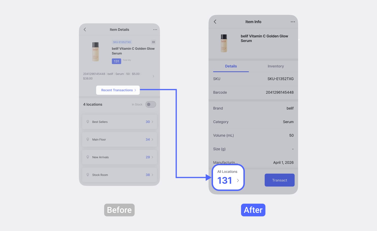 Item details: Total quantity and 'Transact' button consolidated into fixed bottom area — Before/After comparison