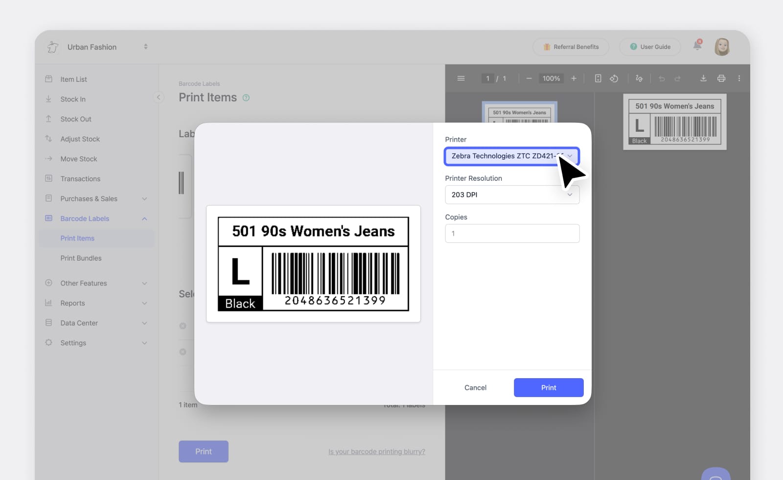 Selecting Zebra ZD421 label printer in BoxHero barcode label printing interface