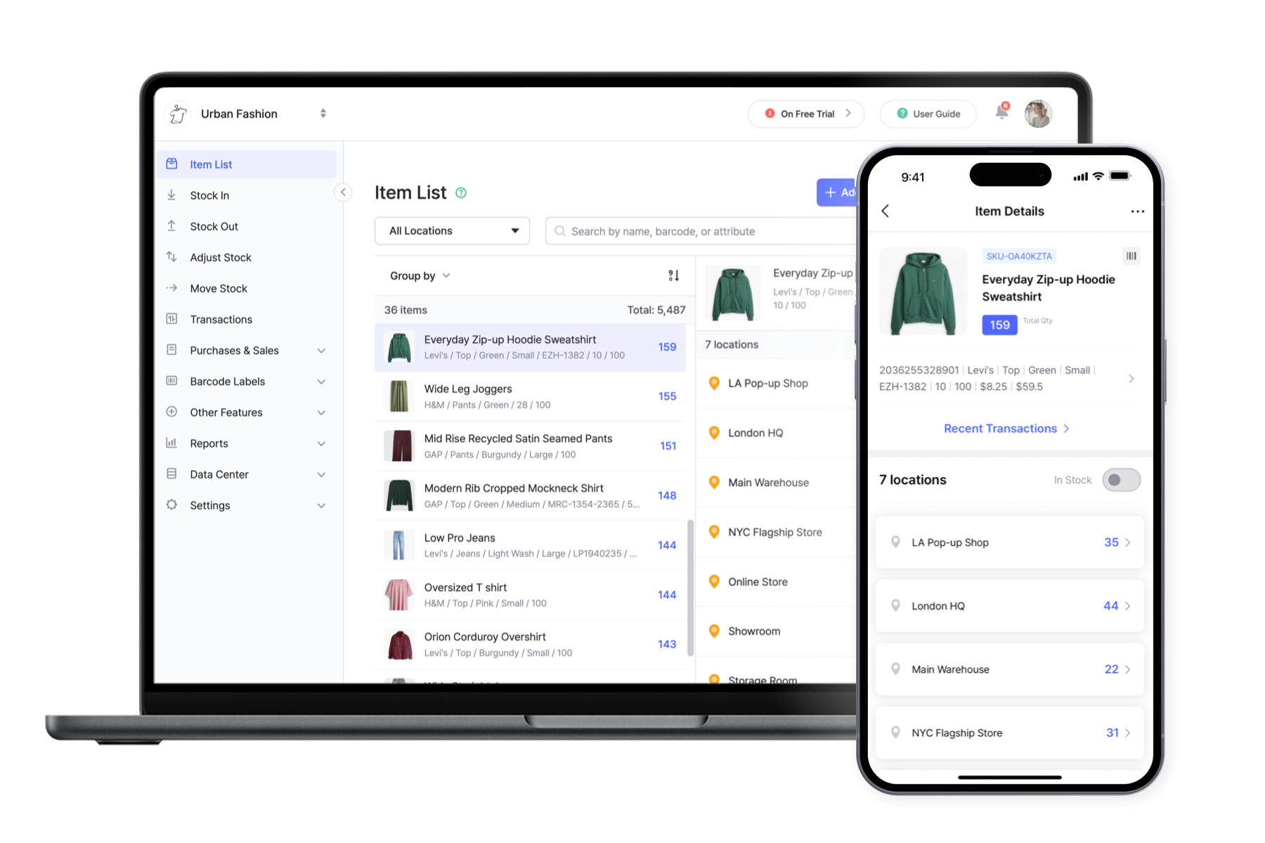 BoxHero Desktop (Computer/Laptop) and Mobile (Phone) UI Screenshots of Item List for Inventory Control