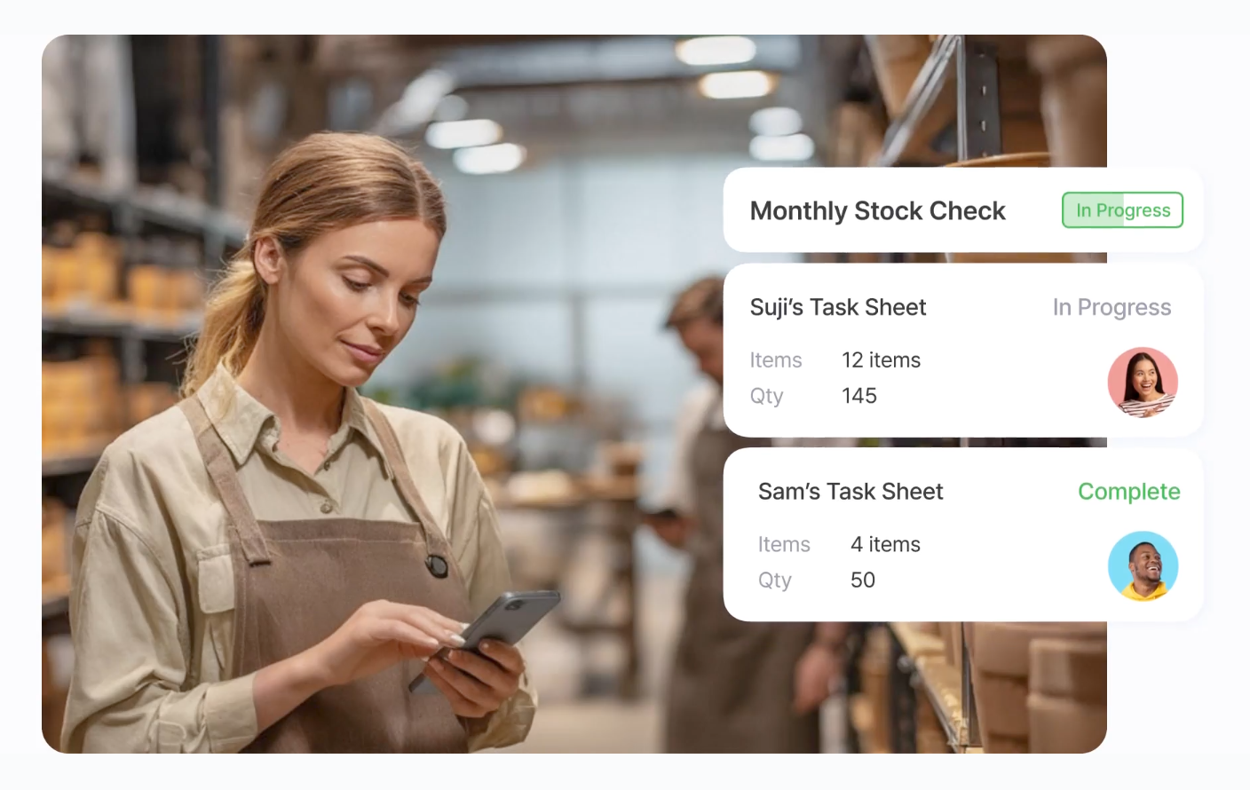 Cycle counting inventory management with warehouse staff using BoxHero on a mobile device to perform a monthly stock check