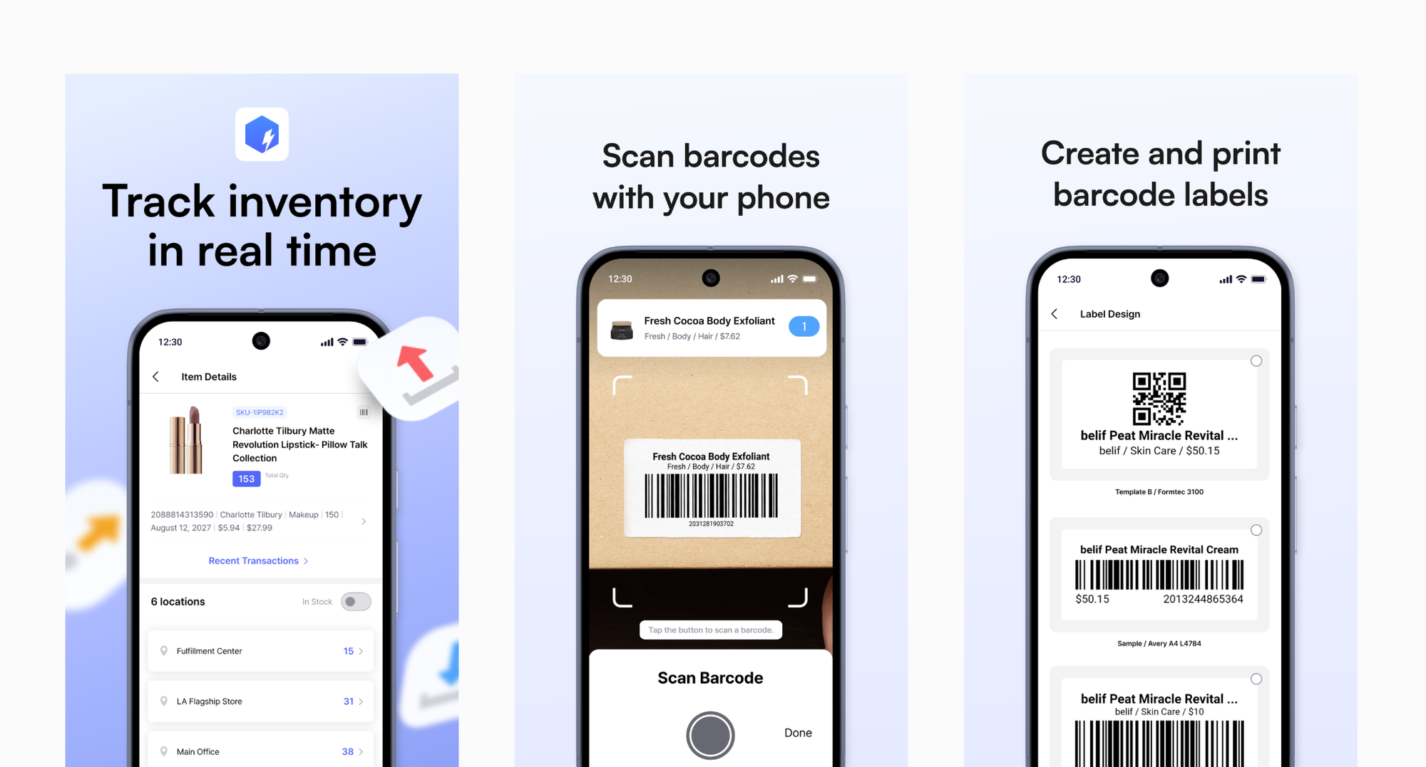 Tiga tampilan aplikasi BoxHero: melacak inventaris secara real-time, memindai barcode dengan ponsel, serta membuat dan mencetak label barcode.