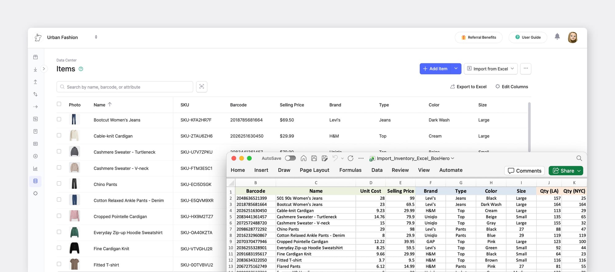 A screenshot of sample retail team in BoxHero inventory management software with item details and imported Excel file