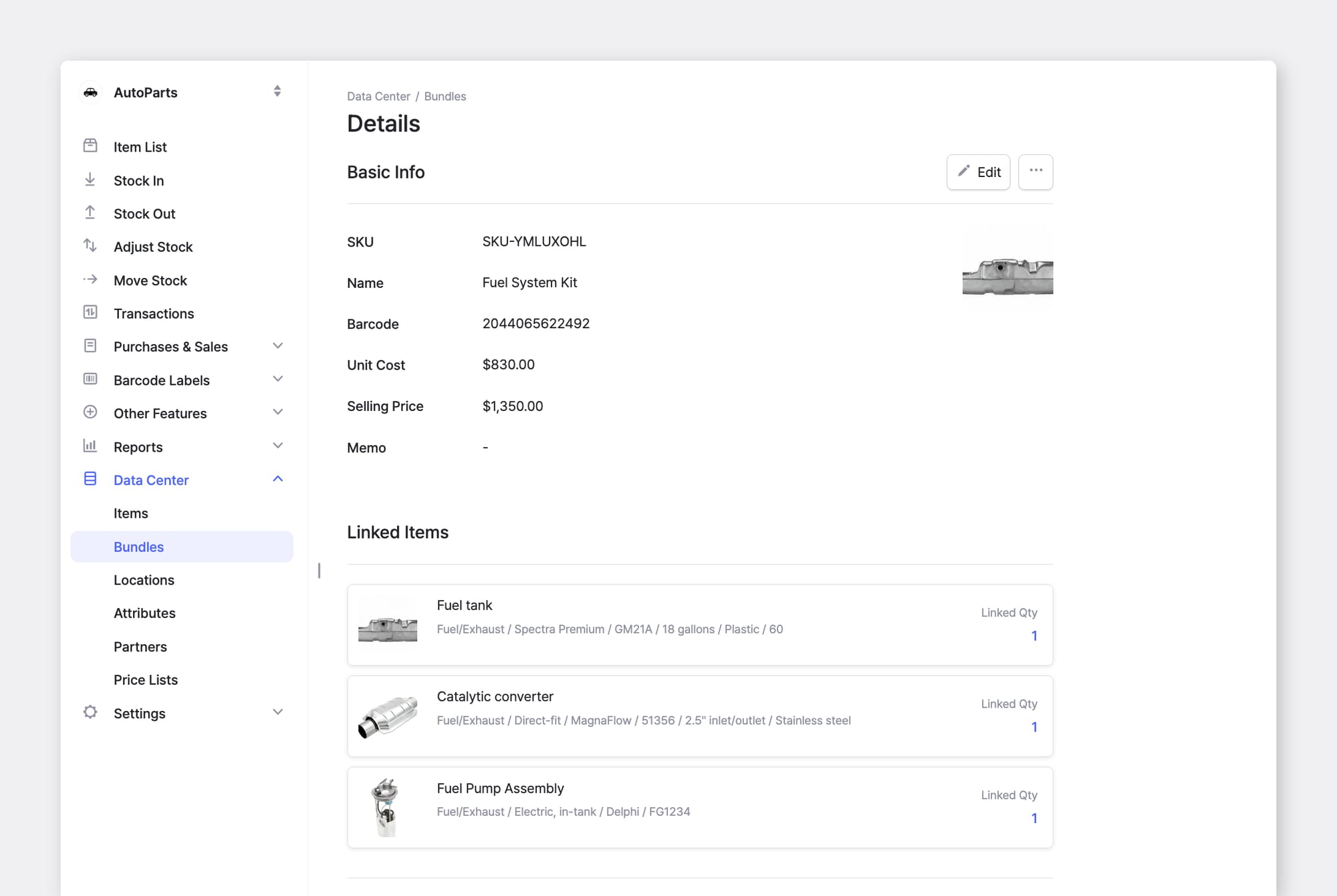 BoxHero Bundles screen showing a Fuel System Kit with its own SKU, barcode, and three linked component items