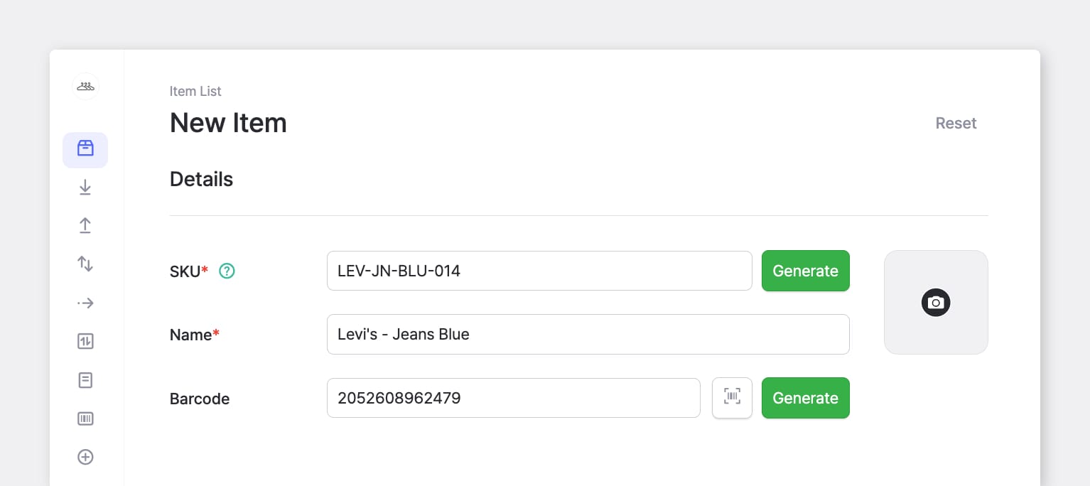 BoxHero "New Item" screen with a SKU field ("LEV-JN-BLU-014") and barcode field, each with a "Generate" button for auto-creating codes.