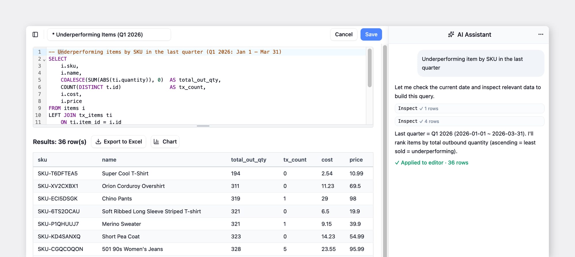 BoxHero's AI Assistant builds a SQL query with a results table ranking items by SKU.