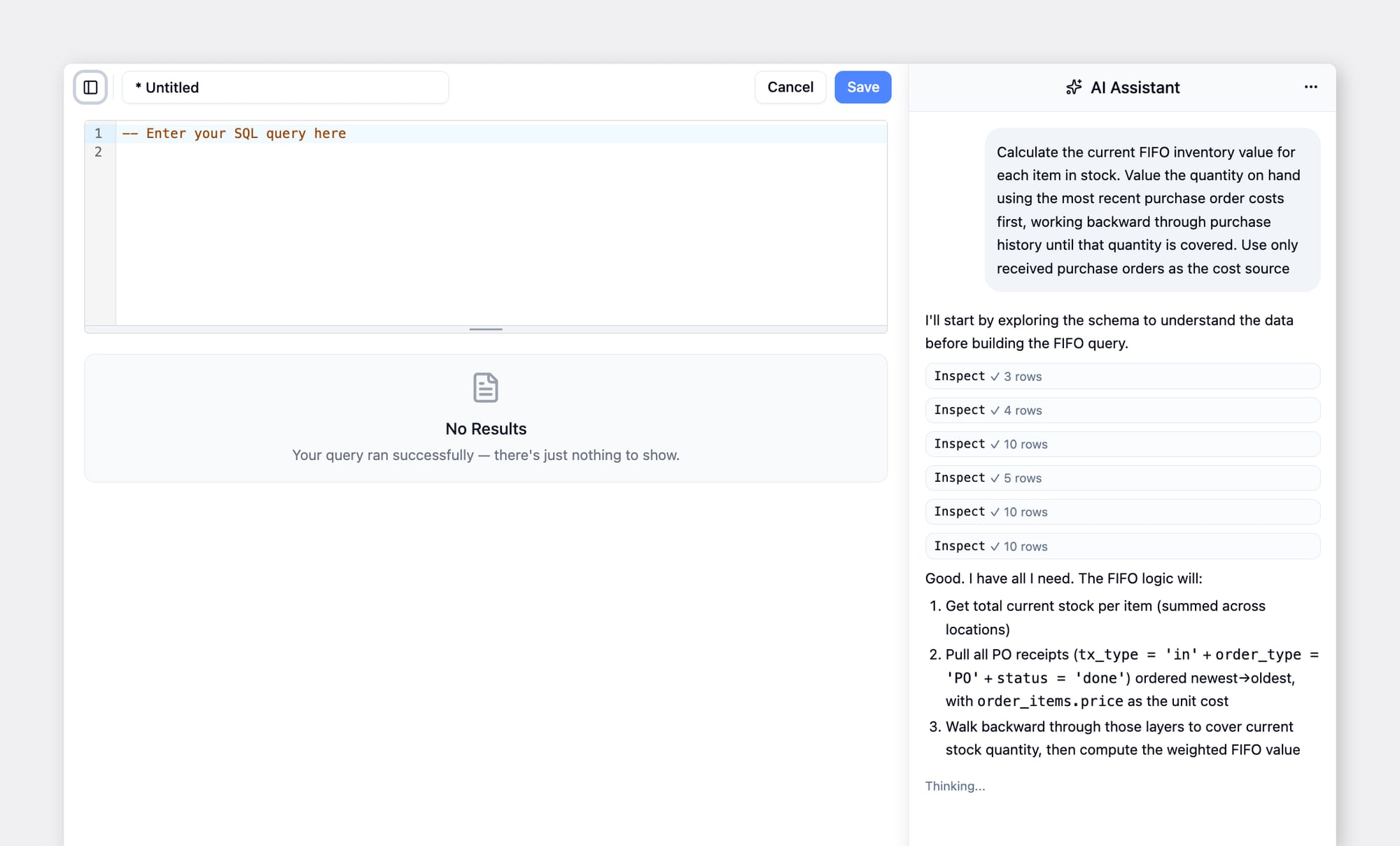 BoxHero Custom Analytics AI Assistant generating a FIFO valuation query from a plain-language prompt, inspecting the data schema before writing the SQL.