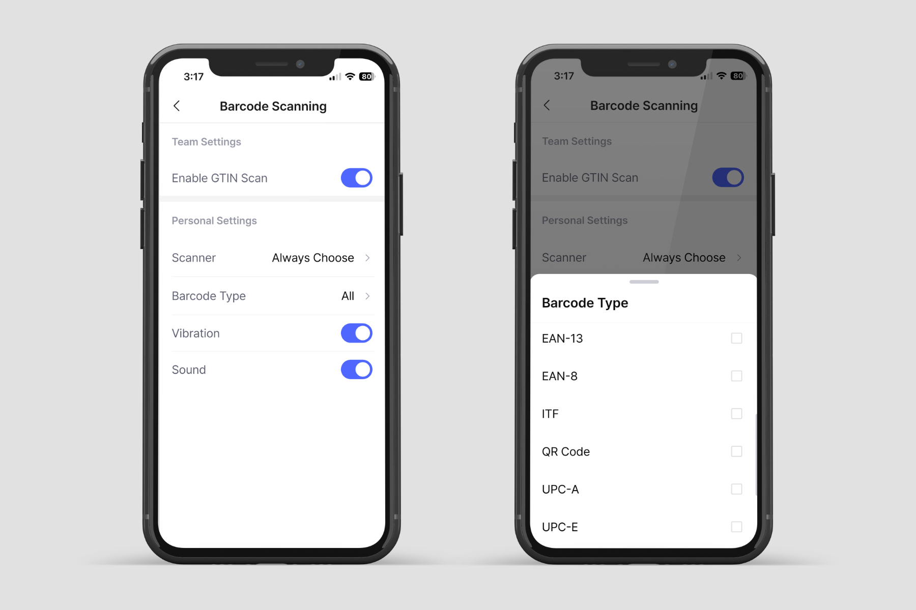 BoxHero barcode scanning settings on mobile with the Barcode Type list open, showing EAN-13, EAN-8, ITF, QR Code, UPC-A, and UPC-E options.