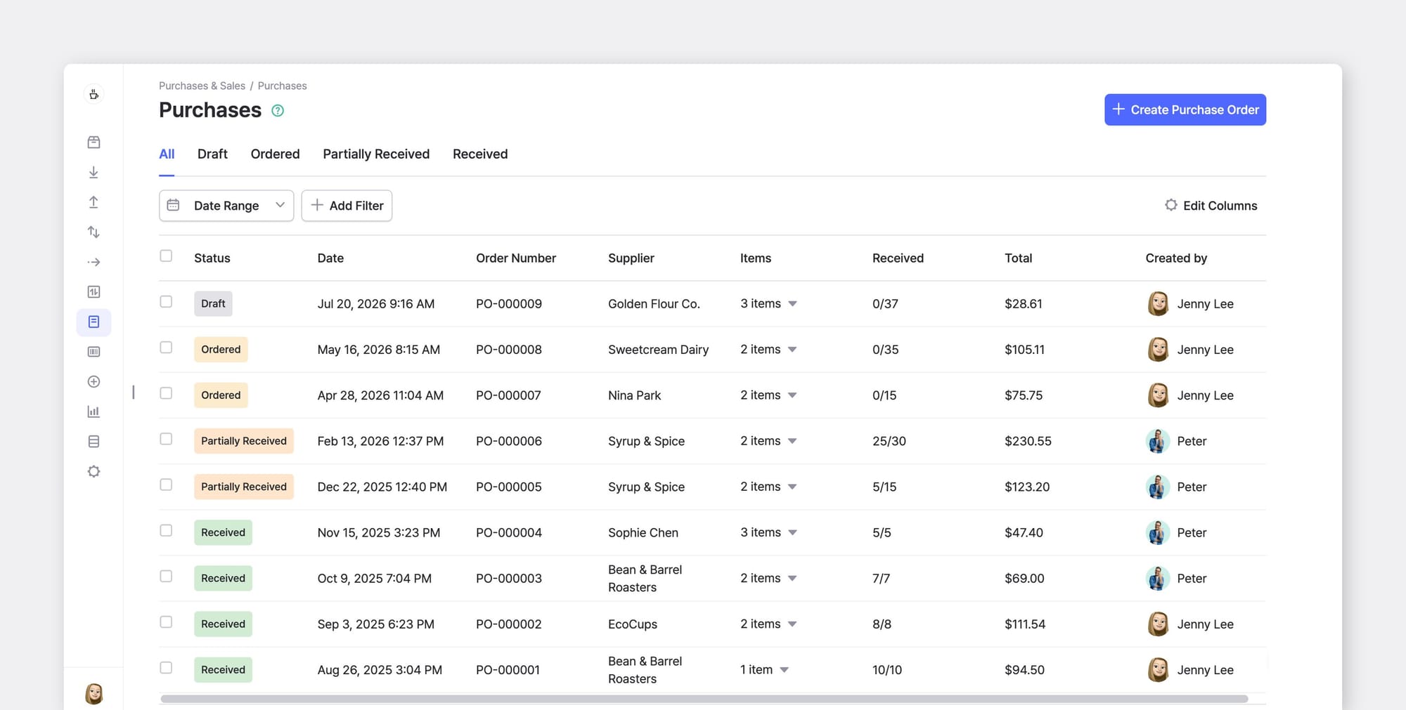 BoxHero purchase order list showing Draft, Ordered, Partially Received, and Received status labels for tracking inbound inventory