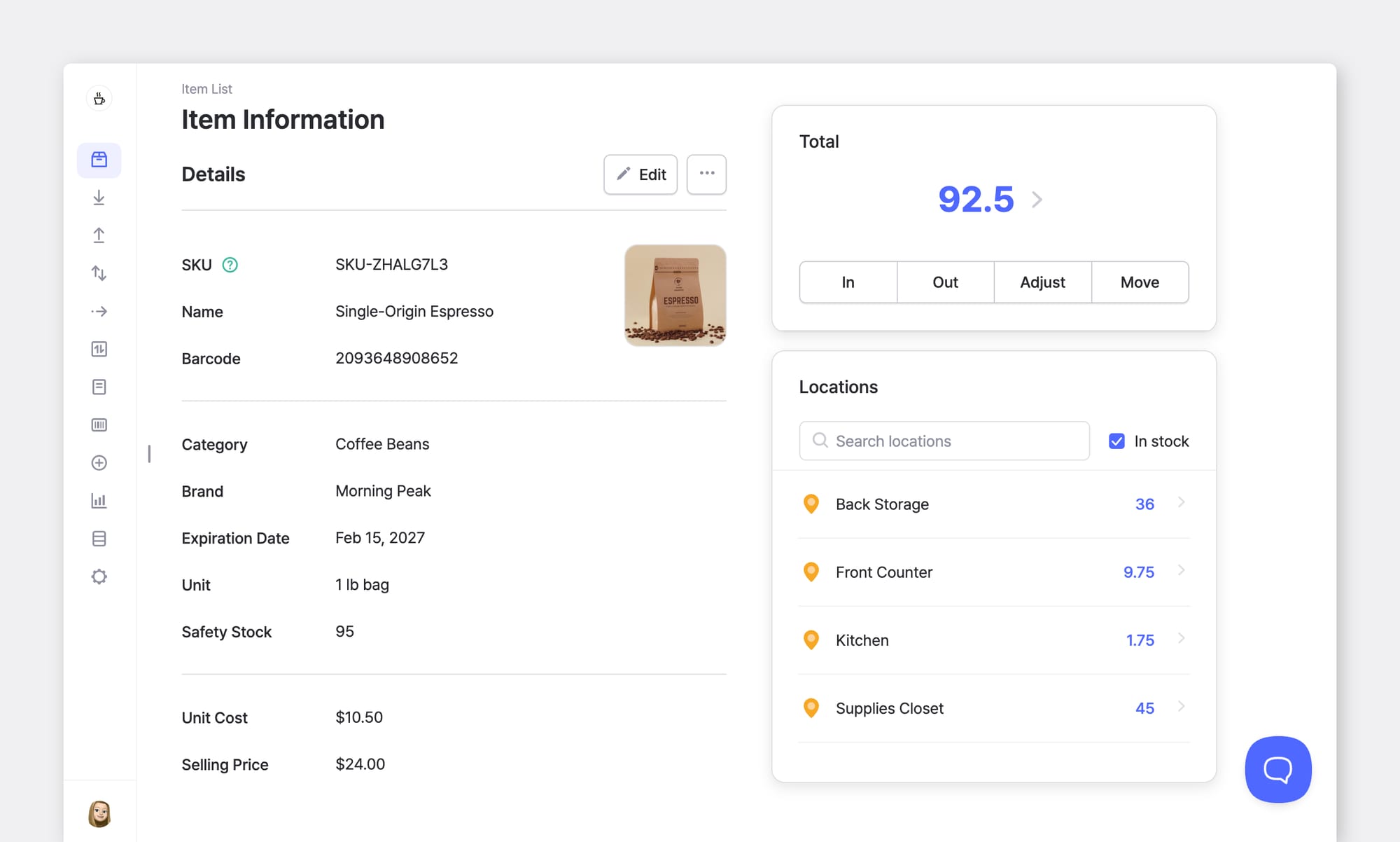 BoxHero item detail page showing SKU, barcode, safety stock, and on-hand quantity split across four storage locations