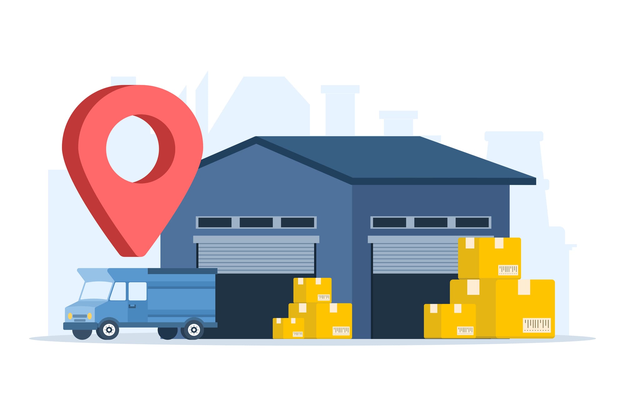 Warehouse with delivery truck and stacked boxes representing on-order inventory arriving from a supplier