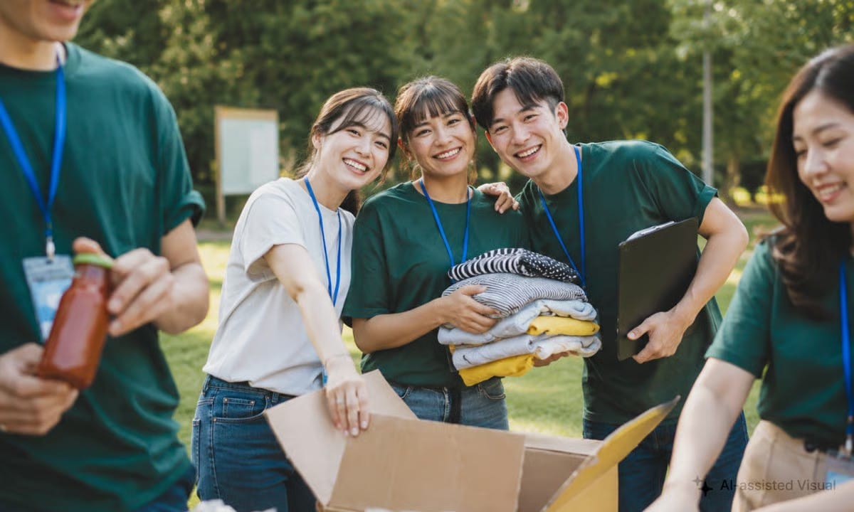 Asian volunteers organizing donated goods into boxes