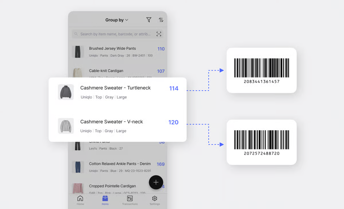 BoxHero mobile app item list showing two cashmere sweaters, each linked by a dashed arrow to its own printed barcode label.BoxHero mobile app item list showing two cashmere sweaters, each linked by a dashed arrow to its own printed barcode label.
