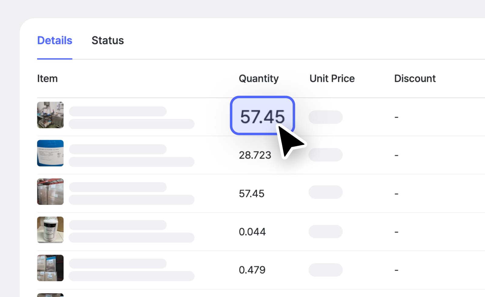 A screenshot of BoxHero's inventory tracking with item quantity in decimals