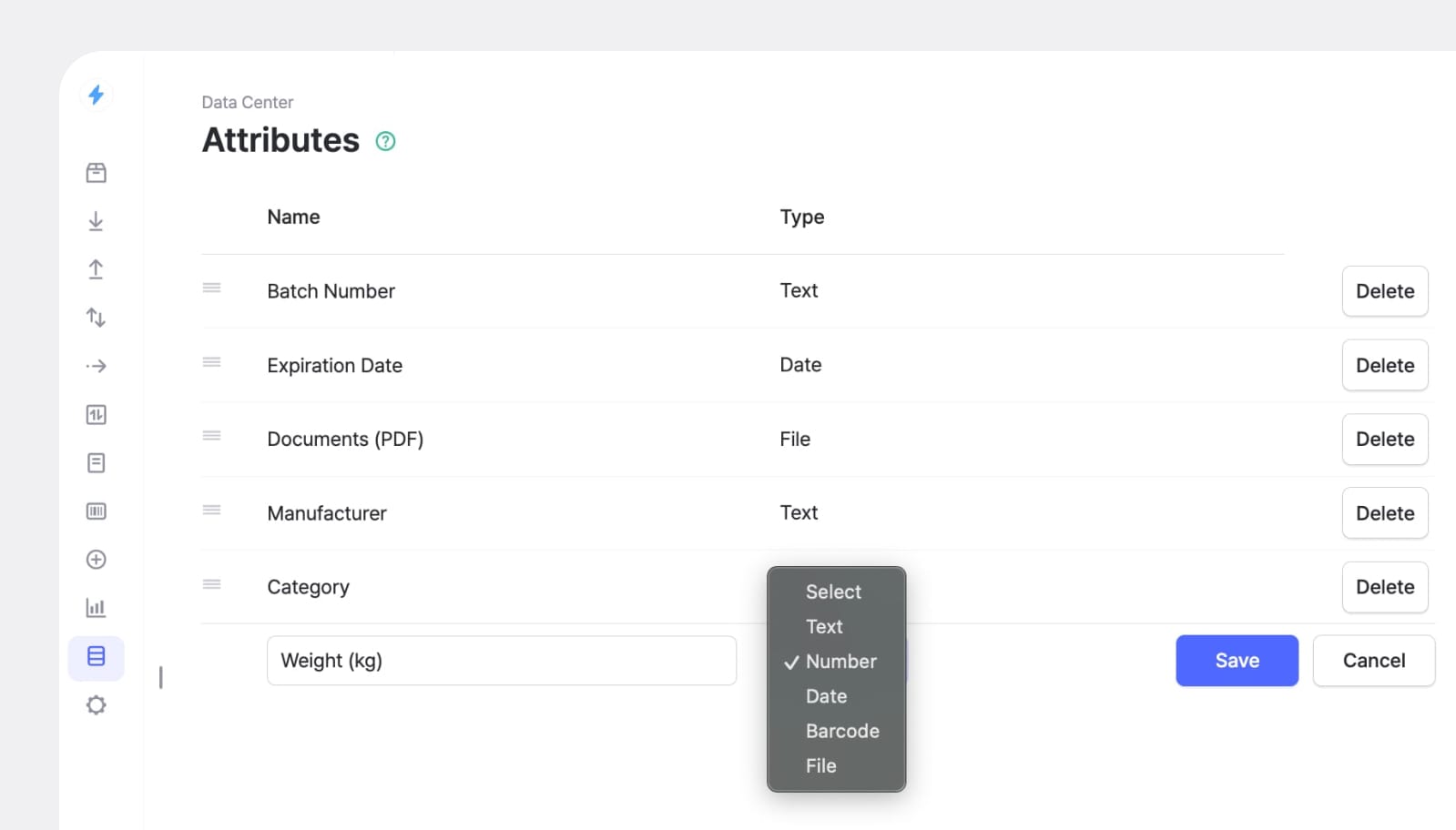 Custom attributes hold batch numbers, expiration dates, attached documents, and shelf locations for each item.