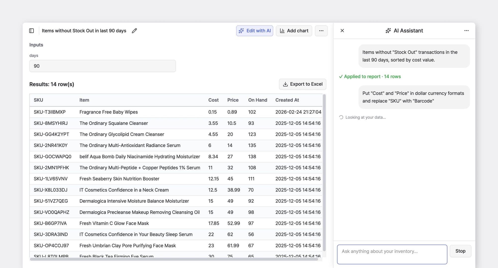 Custom Analytics: BoxHero user following up on AI Assistant prompt to refine report results.