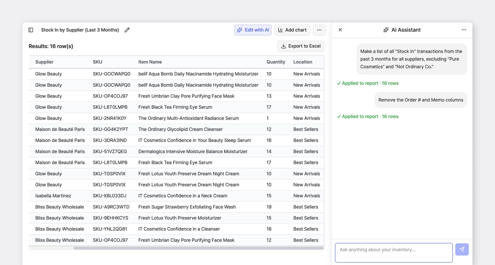Custom Analytics: BoxHero report table listing recent "Stock In" transactions by supplier, SKU, item, quantity, and location