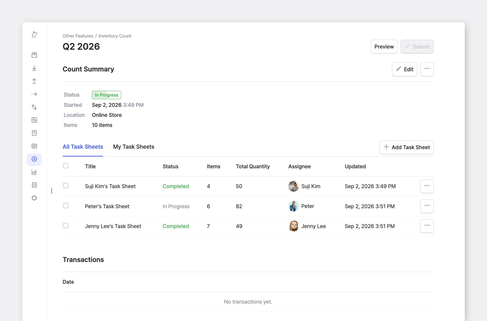 BoxHero Inventory Count for Q2 2026, split into task sheets assigned to three team members, each showing items counted and completion status.
