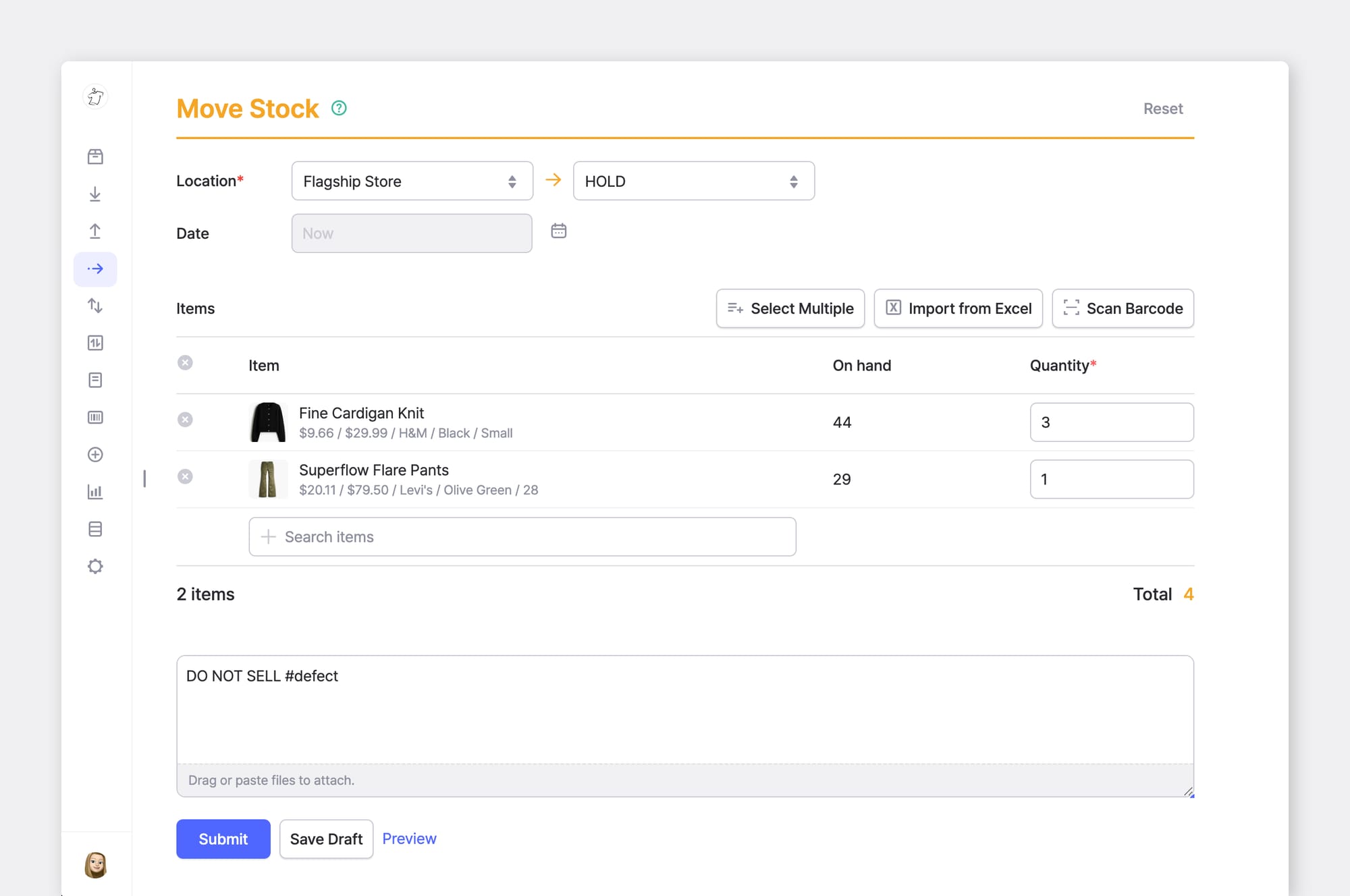 BoxHero Move Stock form transferring two items from Flagship Store to a HOLD location, with a "DO NOT SELL #defect" note.