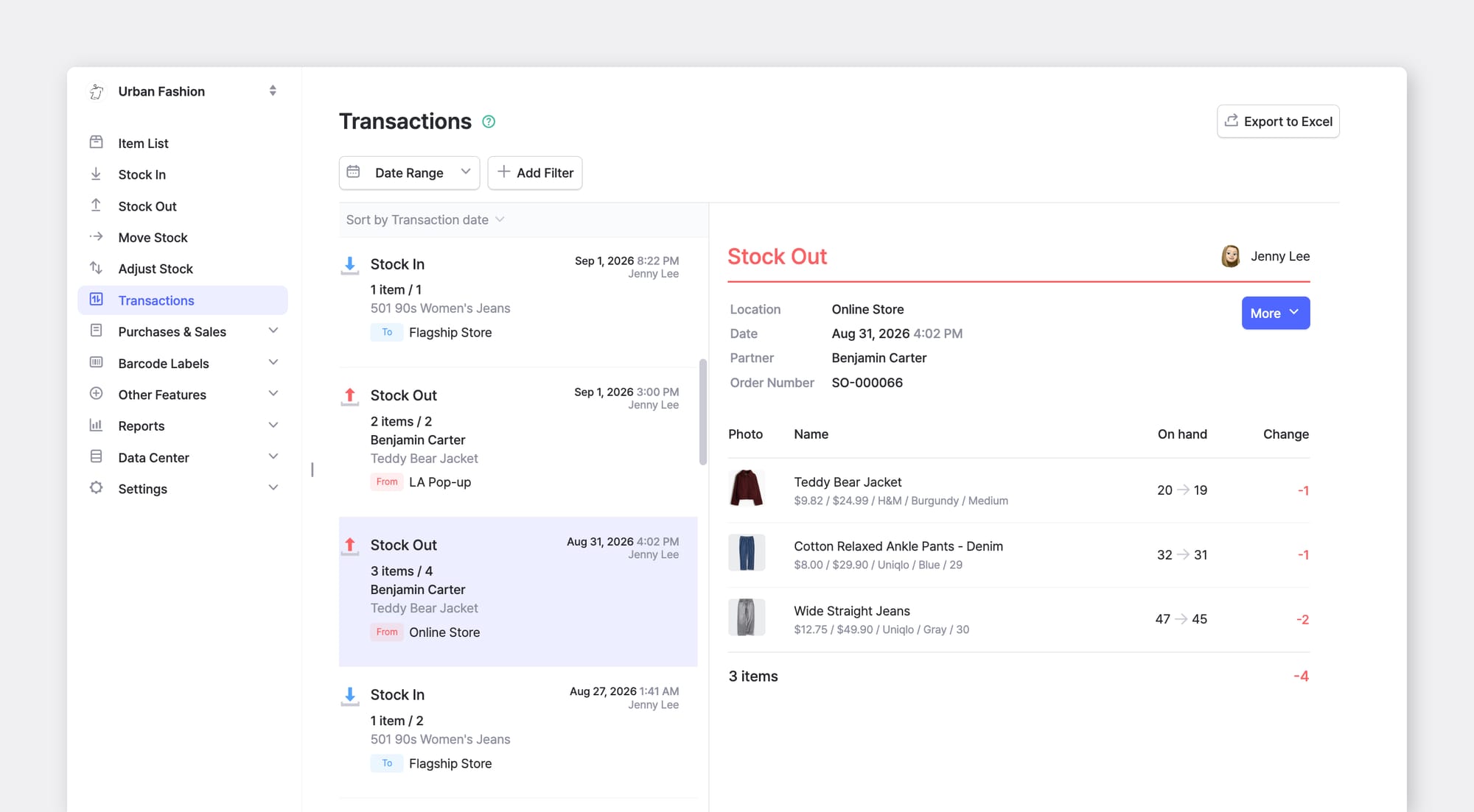 BoxHero Transactions screen with a dated list of Stock In and Stock Out entries and a Stock Out detail panel showing items and on-hand quantity changes.