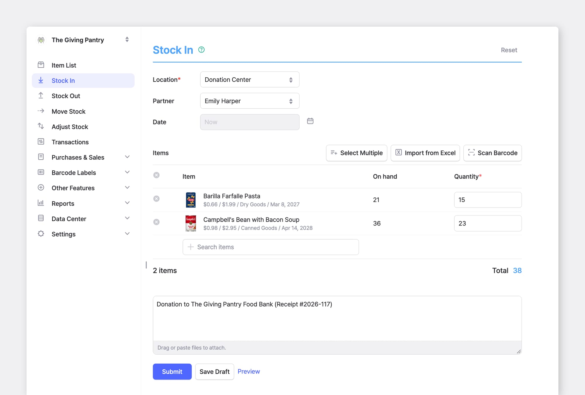 BoxHero Web UI: Stock In Transaction of food items to the Donation Center