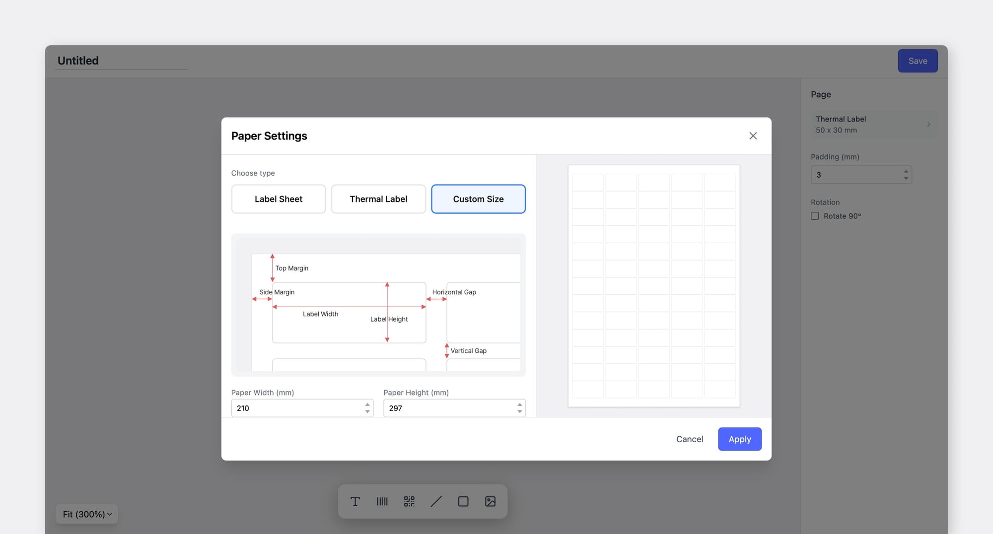 BoxHero label designer's Paper Settings window with Custom Size selected, showing a diagram of label width, height, margins, and gaps