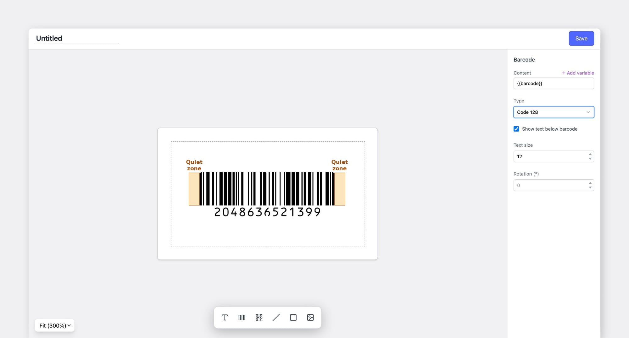 BoxHero label designer with a Code 128 barcode selected on a label, and the barcode settings panel showing type, text size, and a show-text-below-barcode option