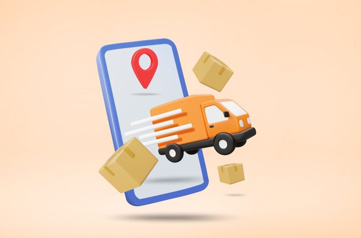 3D Vector Illustration of Delivery Truck Leaving Mobile Screen with Pins Showing Destination Location, and Floating Boxes