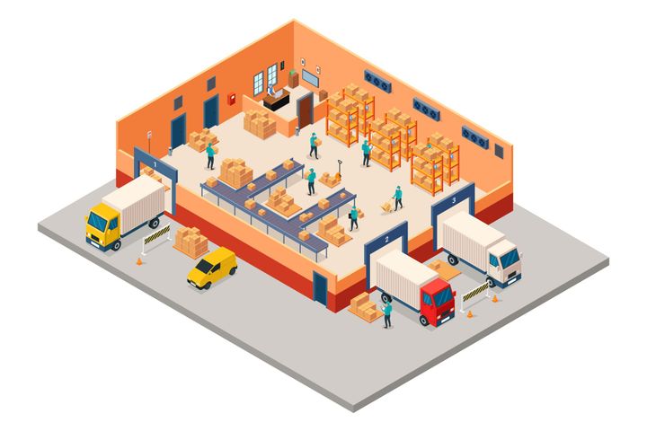 Warehouse inventory management illustration with workers, storage shelves, conveyor belts, and delivery trucks