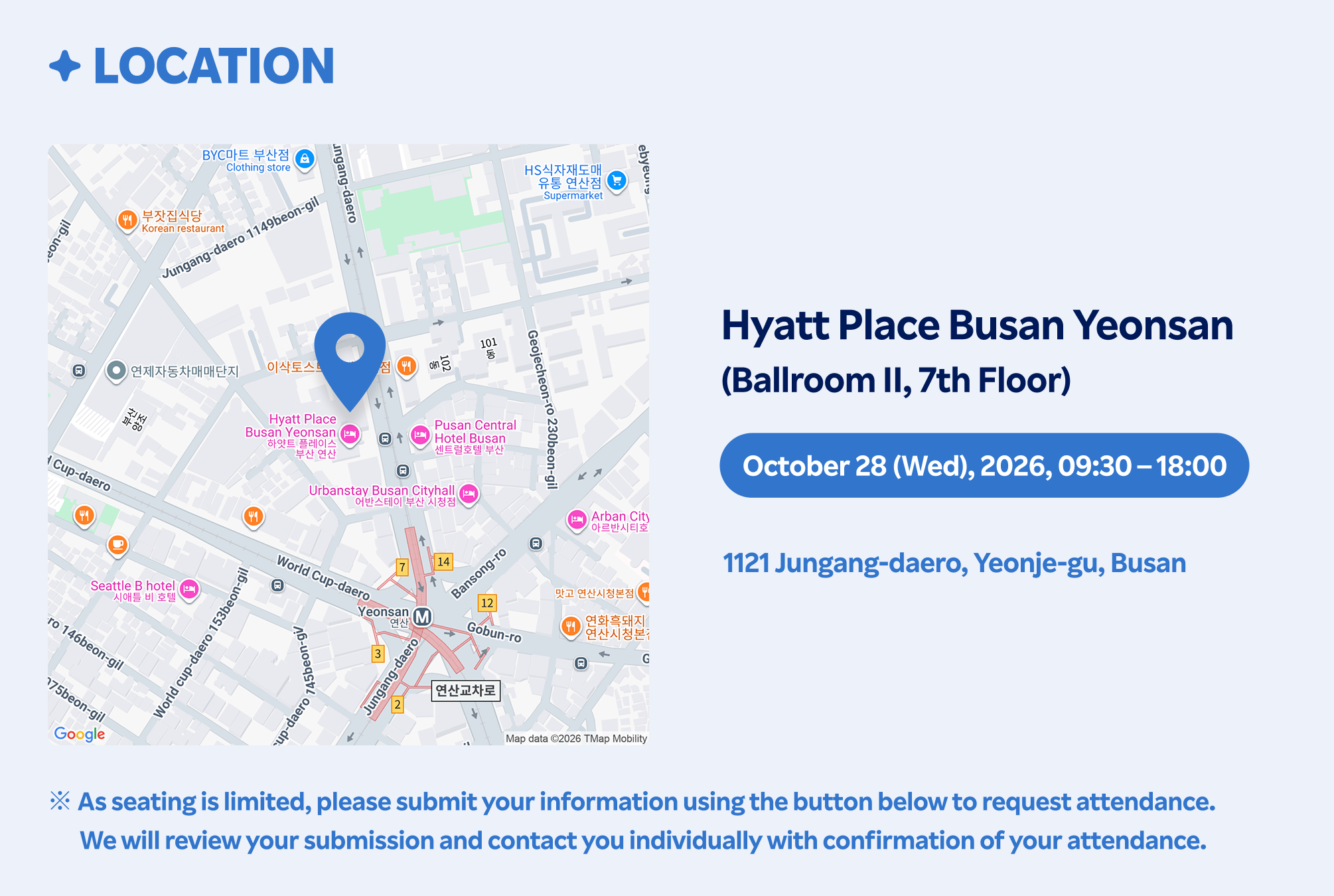 MATS2026 location — Hyatt Place Busan Yeonsan, 1121 Jungang-daero, Yeonje-gu, Busan