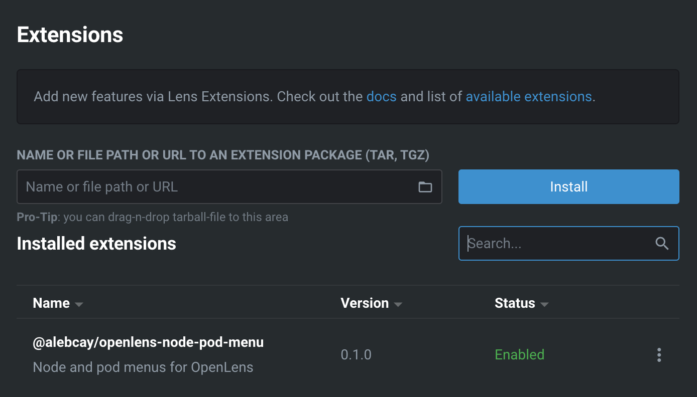 Openlens 확장 기능 설치된 모습