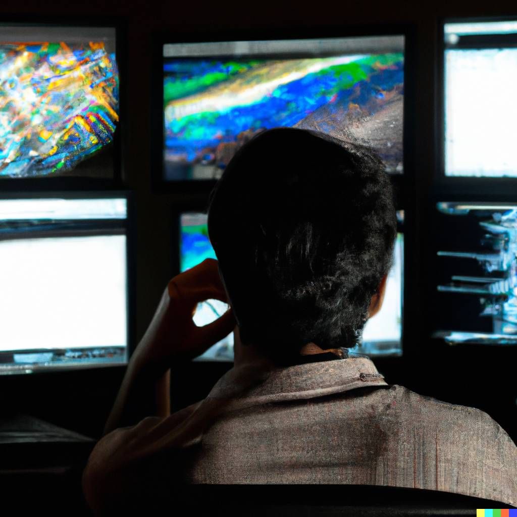 여러개의 모니터 앞에 앉아 있는 프로그래머의 뒷모습