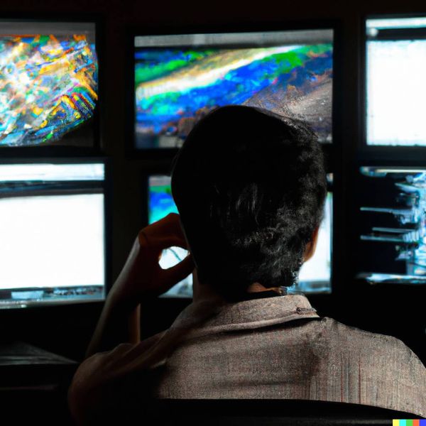 여러개의 모니터 앞에 앉아 있는 프로그래머의 뒷모습