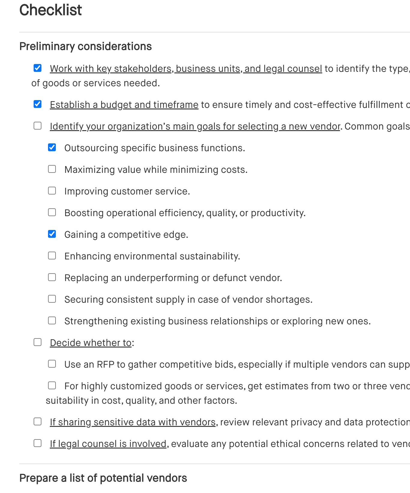 Selecting a new vendor: Free checklist