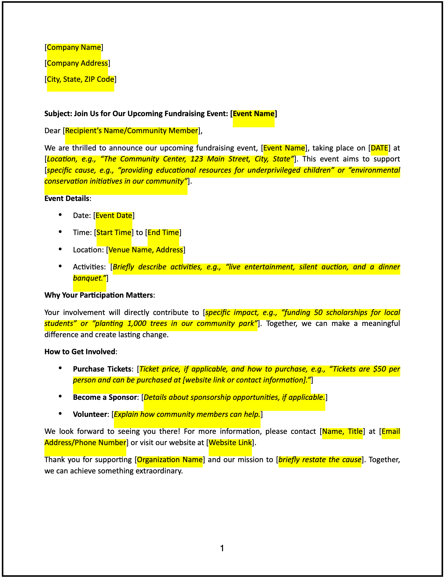 Announcement of fundraising event letter: Free template