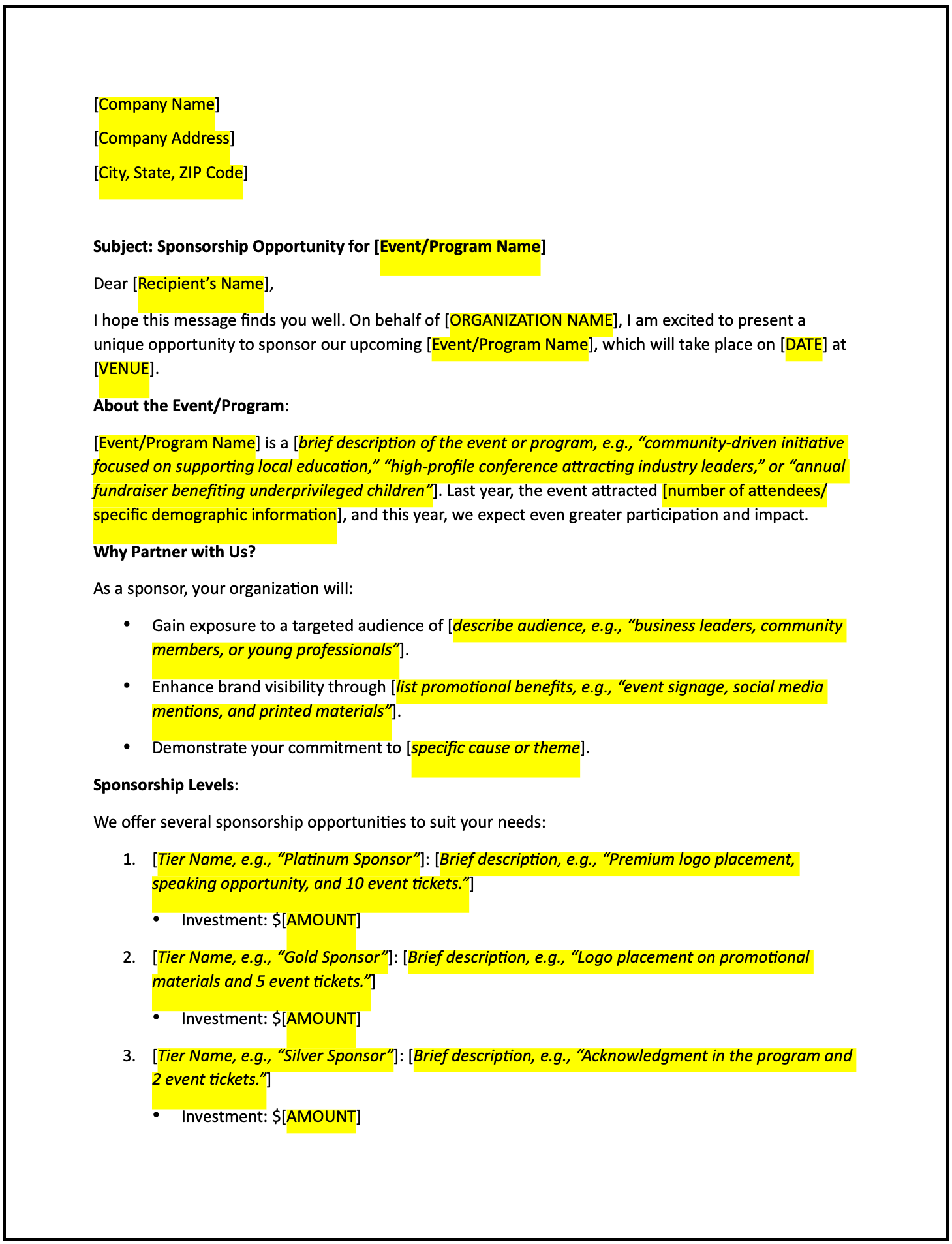 Sponsorship letter for event or program: Free template
