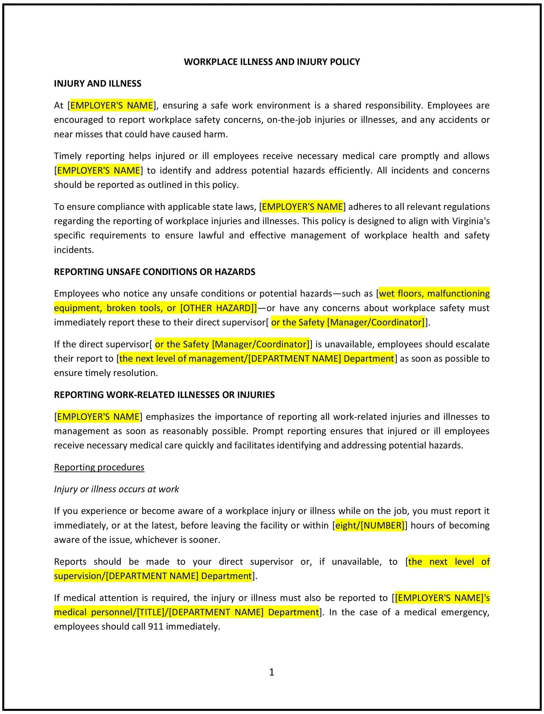 Workplace illness and injury policy (Virginia): Free template