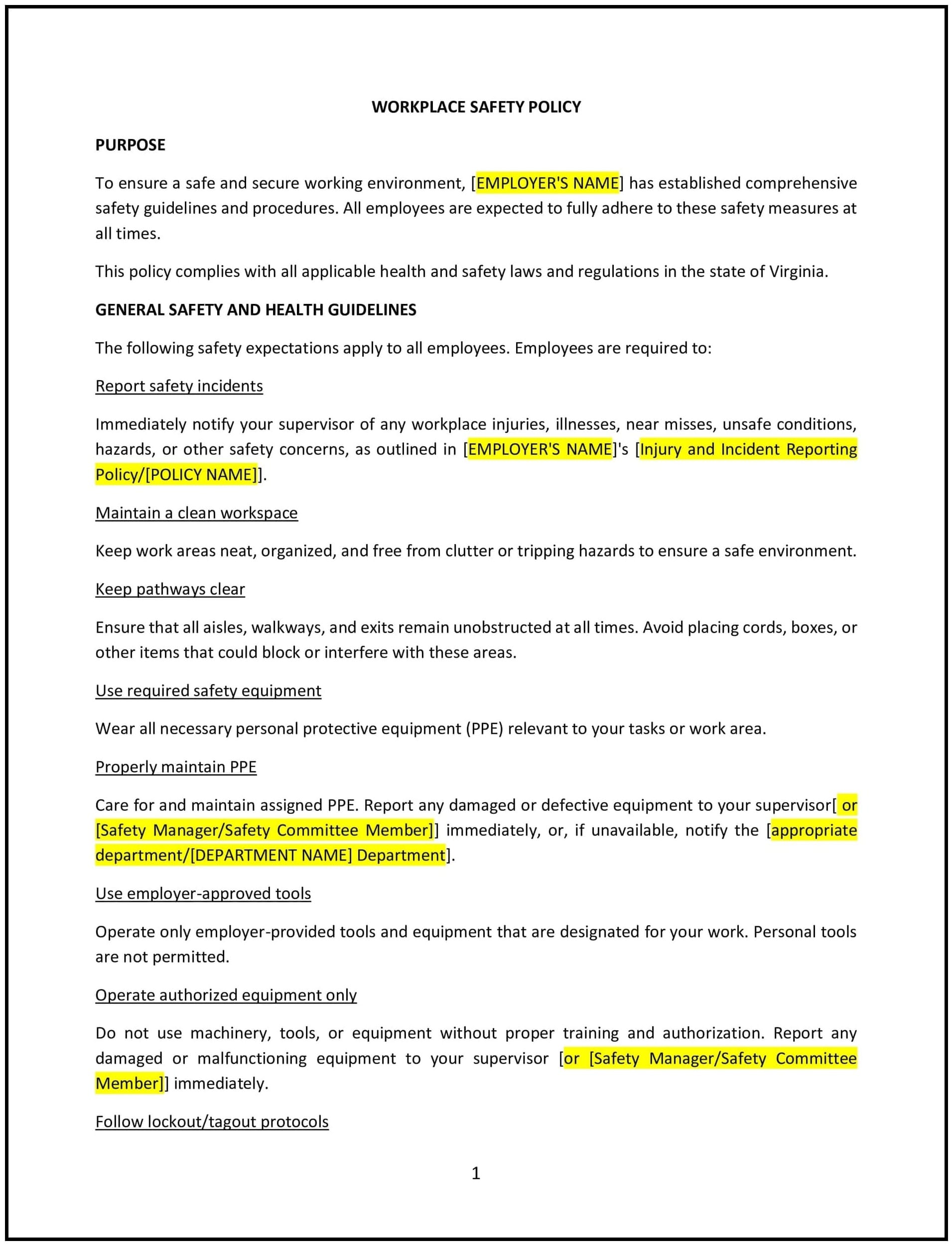 Workplace safety policy (Virginia): Free template