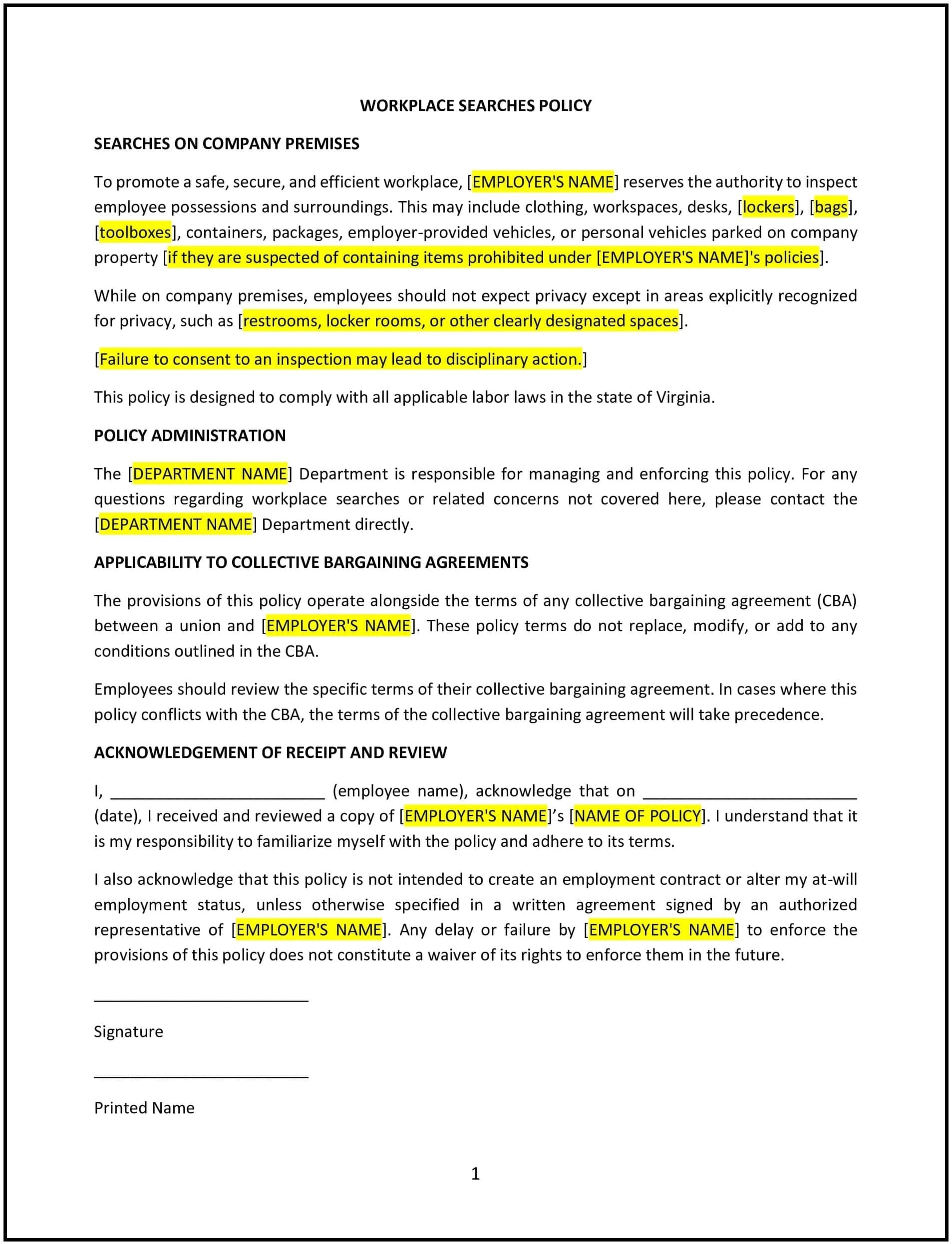 Workplace searches policy (Virginia): Free template