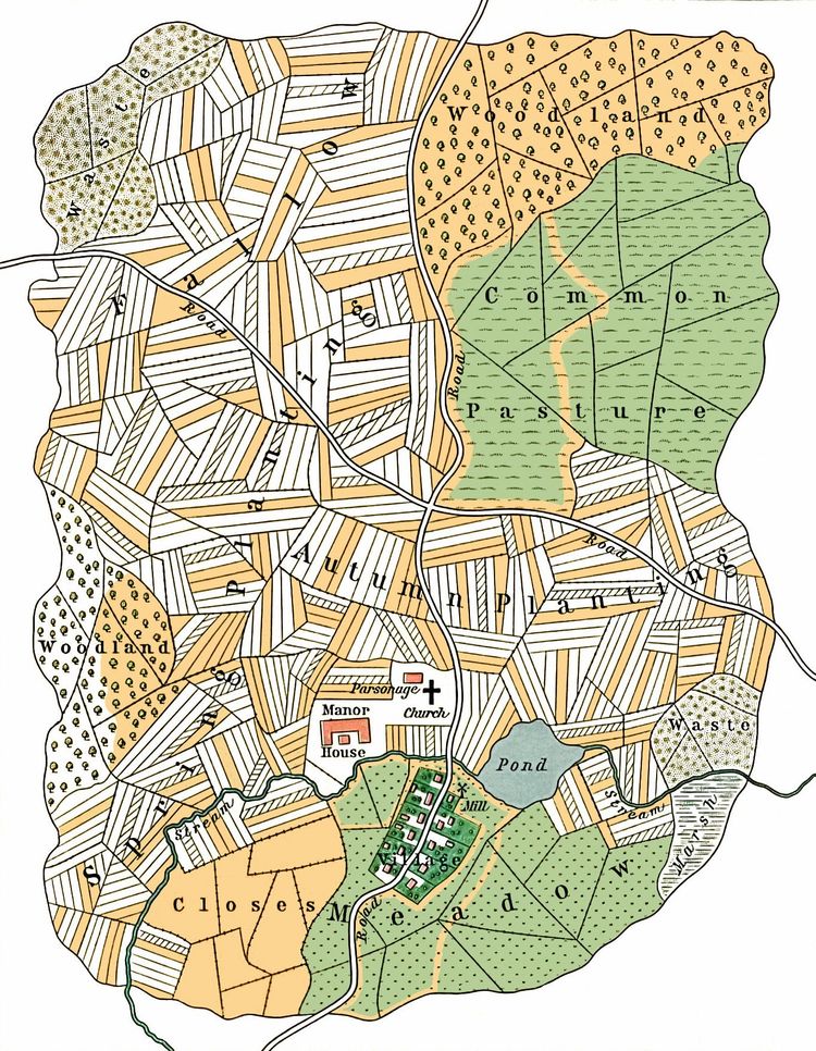 A map displaying fields for spring planting, autumn planting, laying fallow, common pasture, meadow, and woodland.