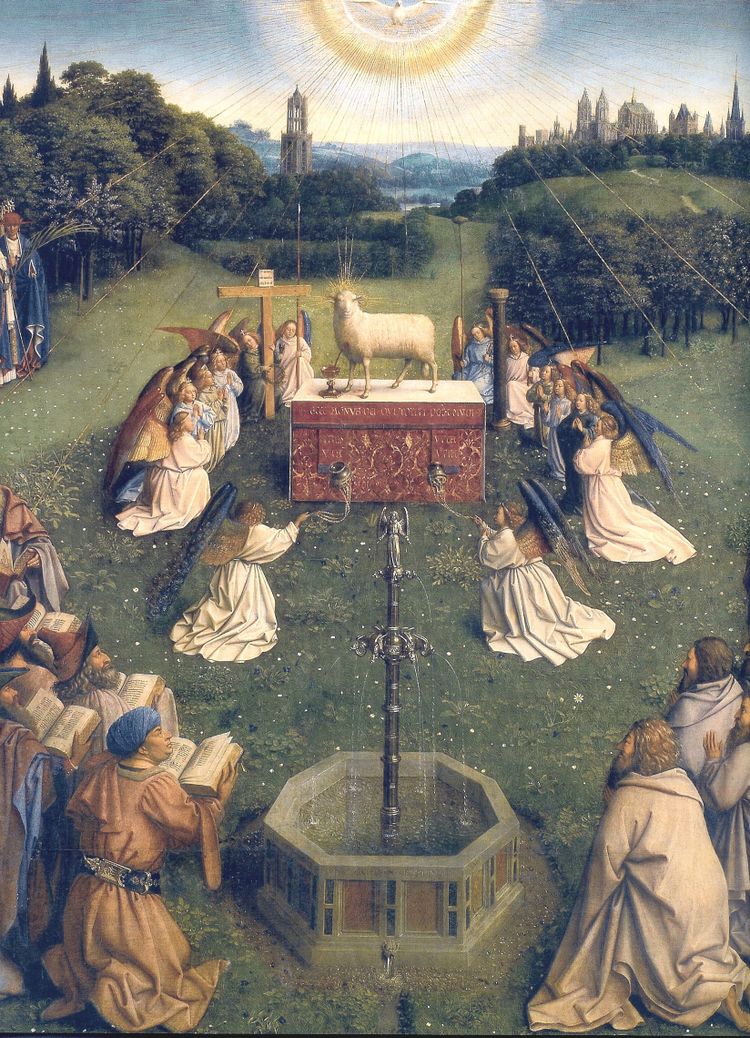 A white lamb with a golden halo stands on an altar, blood flowing from its chest into a cup. Angels and humans kneel before it on green grass under sunlight.