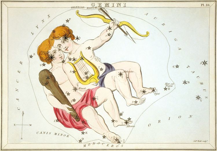 A hand-engraved and painted star map of the constellation Gemini with the stars filled in to look like two children.