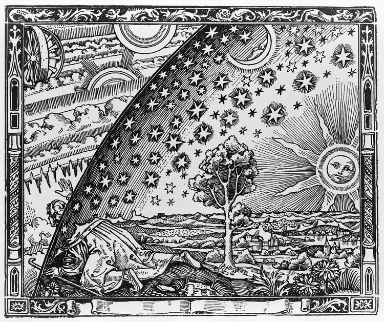 A black and white engraving: a robed person crawling and passing through a boundary on the horizon where their world of trees, buildings, and celestial objects gives way to abstract textures.