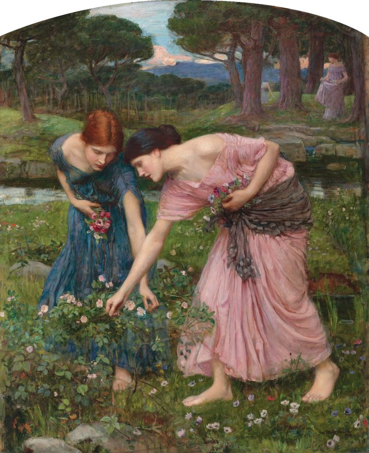 Two pale-skinned young women, one with black hair and one with red hair, both wearing colorful dresses, pick roses in a pastoral setting.