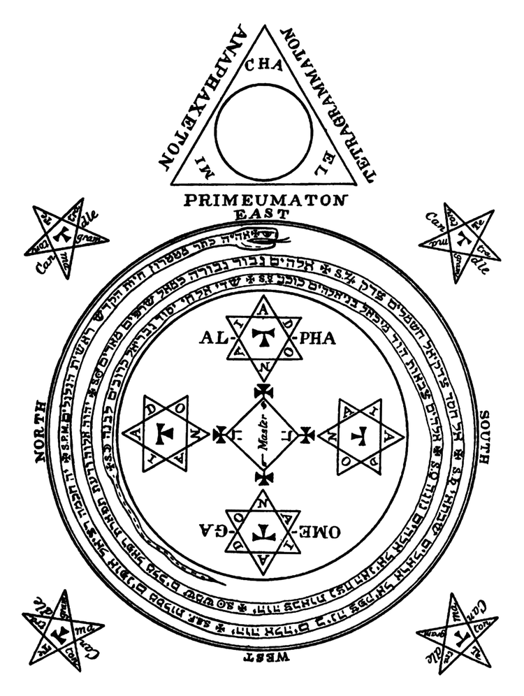 Black ink on a white page. There are depictions of circles, triangles, diamonds, and five- or six-pointed stars, with Latin and Hebrew lettering.
