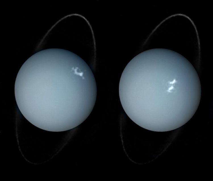 Two images of the same pale blue gas giant planet, its thin ring seeming to spin "vertically" around it rather than horizontally.