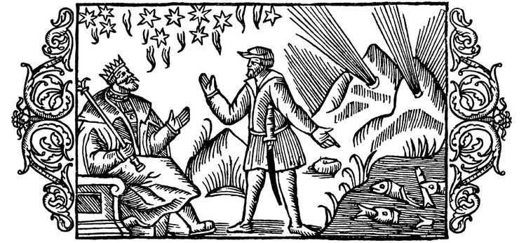 Black & white line art in a characteristic late medievial to early modern style. A man without a crown tells a man in a crown something. Stars, mountains, and fishes sit nearby.